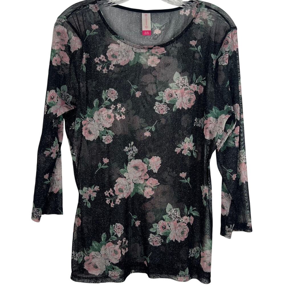 No Boundaries Women's Vintage Sheer Floral Black/Pink Y2K Shimmery Top Size XL